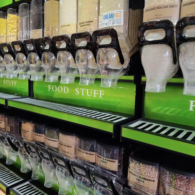 gravity dispenser, scoop bin, gravity bin, bulk food bin, scoop bin